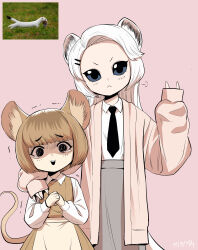2girls :&lt; absurdres animal_ears apron arm_around_shoulder black_eyes black_necktie blue_eyes brown_hair collared_shirt creature_and_personification dress gegegekman hair_ornament hairclip highres jacket long_hair long_sleeves looking_at_viewer mouse_(animal) mouse_ears mouse_girl mouse_tail multiple_girls necktie open_clothes open_jacket open_mouth original own_hands_together personification photo_inset pink_background reference_inset scared school_uniform shirt short_hair size_difference skirt sleeves_past_wrists tail tears teeth trembling upper_teeth_only v weasel weasel_girl weasel_tail white_hair
