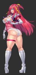 144_(riesztan) 1girl ass blue_eyes blush boots breasts choukou_(alicesoft) choukou_tenshi_escalayer cleavage covered_erect_nipples elbow_gloves escalayer from_behind full_body gloves grey_background hair_intakes hair_ornament hair_ribbon high_heel_boots high_heels highres knee_boots kneepits kouenji_sayuka large_breasts leotard long_hair looking_at_viewer looking_back magical_girl open_mouth pink_hair platform_boots platform_heels red_hair ribbon shiny_clothes shiny_skin simple_background skindentation solo standing teeth thick_thighs thigh_strap thighs twisted_torso white_gloves yellow_ribbon