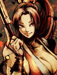 1girl breasts cleavage collarbone fatal_fury female_focus folding_fan gloves hand_fan high_ponytail highres holding holding_fan large_breasts looking_at_viewer ninja pe51illust ponytail red_eyes shiranui_mai smile snk solo street_fighter street_fighter_6 the_king_of_fighters toned toned_female