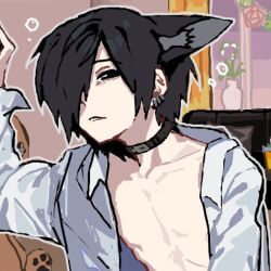 Rule 34 | 1boy, animal ears, black hair, chino (sky tanosi), collar, commentary request, dog boy, dog ears, drunk, ear piercing, ears down, hair over one eye, indoors, male focus, open clothes, open shirt, original, piercing, shirt, short hair, solo, squeans, upper body, white shirt