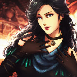 1girl black_hair esther_shen gloves hands_on_own_chest jewelry lips long_hair looking_at_viewer pentagram_pendant portrait purple_eyes the_witcher_(series) the_witcher_3 wavy_hair yennefer