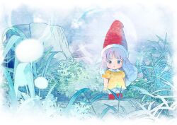 1girl :o bloomers blue_eyes blush_stickers boots bubble commentary curly_hair dandelion dandelion_clock dandelion_seed flower fur-trimmed_headwear fur_trim grass hat highres long_hair looking_at_viewer memoru mini_person minigirl mushroom nature open_mouth outdoors puddle purple_hair red_boots red_hat shimadai587779 shirt solo standing tongari_boushi_no_atelier tree_stump underwear white_bloomers yellow_shirt