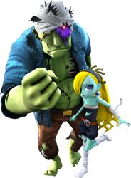 10s 1boy 1girl 3d absurdres bandaged_leg bandages bandaid bandaid_on_face bigger_male blonde_hair blue_skin colored_skin earrings from_above hair_over_one_eye heart highres house_of_the_dead house_of_the_dead_ex injury jewelry logo looking_at_viewer muscular muscular_male official_art one_eye_covered open_clothes open_shirt sega size_difference smile sonic_(series) sonic_and_sega_allstars_racing source_request torn_clothes walking yellow_skin zobiko zobio zombie zombie_girl