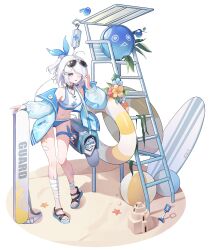 1girl absurdres ahoge ball bandaged_leg bandages bare_shoulders beach beachball bikini black_choker black_survival blue_bikini blue_eyes blue_jacket breasts choker eternal_return:_black_survival eyepatch eyewear_on_head gluteal_fold hair_ribbon half_updo hand_up highres innertube jacket kurimui2 leg_ribbon long_sleeves looking_at_viewer medium_breasts medium_hair multicolored_bikini navel off_shoulder open_clothes open_jacket open_mouth puffy_long_sleeves puffy_sleeves ribbon sandals sissela_kyle solo stomach sunglasses surfboard swim_ring swimsuit thigh_ribbon thighs two-tone_bikini whistle white_hair wilson_(black_survival)