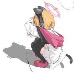 1girl animal_ear_headphones animal_ears arms_up black_thighhighs blonde_hair blue_archive cat_ear_headphones cat_shadow_puppet cat_tail fake_animal_ears goreinu_white halo headphones hood hooded_jacket jacket meme momoi_(blue_archive) photo-referenced pink_halo pink_shoes poop shadow shadow_puppet shoes short_hair simple_background sketch solo squatting stick tail thighhighs white_background white_jacket