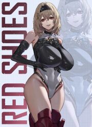 Rule 34 | 1girl, absurdres, armored boots, bare shoulders, black gloves, black hairband, black leotard, blonde hair, boots, breasts, character name, commentary request, curvy, elbow gloves, gloves, goddess of victory: nikke, grabbing own breast, hair intakes, hair ornament, hairband, highres, huge breasts, impossible clothes, impossible leotard, knee armor, large breasts, leotard, looking at viewer, mole on groin, multicolored leotard, o-ring, o-ring bottom, o-ring panties, official alternate eye color, panties, panties under leotard, parted lips, red eyes, red shoes (nikke), short hair, simple background, smile, solo, thighs, tototo sarada, two-tone leotard, underwear, white background, white leotard, zoom layer
