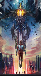 2girls 3boys alien ass city cloud cloudy_sky cyborg day debris floating flying from_behind giant giant_monster glowing hayaken_sarena highres kaiju kaminaga_shinji levitation lipiah_(ultra_series) looking_down mecha multiple_boys multiple_girls robot shin_ultraman signature sky space_monster sun superhero_costume tsuburaya_productions ultra_series ultraman zetton