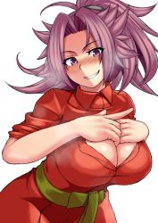 10s 1girl alternate_hairstyle blush breasts cleavage female_focus grin huge_breasts jun&#039;you_(kancolle) kantai_collection kupala leaning_forward long_hair looking_at_viewer ponytail purple_eyes purple_hair smile solo spiked_hair