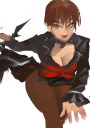 1girl absurdres breasts brown_eyes brown_hair cleavage clothes_lift curvy dress female_focus formal_clothes highres large_breasts long_sleeves looking_at_viewer onishinx pantyhose short_hair skirt skirt_lift smile stanbl7 standing suit the_king_of_fighters thick_thighs thighs vice_(kof) wide_hips