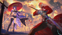 Rule 34 | 1boy, 1girl, acheron (honkai: star rail), archer (fate), asymmetrical footwear, black boots, black gloves, black pants, black shirt, black shorts, boots, borrowed weapon, breasts, chain, chain around arm, coat, coattails, commentary request, crossover, dark-skinned male, dark skin, faceoff, fate/stay night, fate (series), field of blades, gloves, hair ornament, hair over one eye, halterneck, highres, holding, holding sword, holding umbrella, holding weapon, honkai: star rail, honkai (series), katana, knee boots, leg tattoo, long hair, looking at another, mashutarou (neko no oyashiro), medium breasts, midriff, navel, oil-paper umbrella, outdoors, pants, parted lips, purple eyes, purple hair, red coat, red petals, red umbrella, scabbard, sheath, sheathed, shirt, short hair, shorts, single bare shoulder, sword, tattoo, thigh boots, thighs, toned, toned male, umbrella, uneven footwear, weapon, white coat, white hair