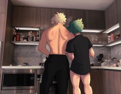 2boys ass back bakugou_katsuki bare_back bare_legs blonde_hair boku_no_hero_academia bones_(company) cooking green_hair hickey_marks indoors kitchen legs midoriya_izuku multiple_boys no_male_underwear no_pants pants_only scratches shirt_only shounen_jump vennh2 yaoi