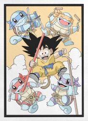 1boy black_hair cloud cosplay crossover donatello_(tmnt) donatello_(tmnt)_(cosplay) dougi dragon_ball dragon_ball_(classic) gen_1_pokemon highres holding leonardo_(tmnt) leonardo_(tmnt)_(cosplay) looking_at_viewer michelangelo_(tmnt) michelangelo_(tmnt)_(cosplay) muscular muscular_male nintendo nunchaku open_mouth orange_dougi outdoors pokemon pokemon_(creature) raphael_(tmnt) raphael_(tmnt)_(cosplay) sai_(weapon) sky smile son_goku spiked_hair squirtle staff sword tail teenage_mutant_ninja_turtles v-shaped_eyebrows weapon wesatinthecar wristband