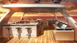 bar_(place) boat cloud cloudy_sky cocktail_glass couch cup drinking_glass glass_bottle highres horizon no_humans non-web_source ocean official_art our_life:_beginnings_and_always pillow scenery sky stool sunlight sunset warm_colored watercraft wooden_floor