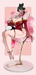 1girl absurdres anklet b.sa_(bbbs) bare_shoulders barefoot black_hair breasts china_dress chinese_clothes cleavage dress earrings flower full_body hand_fan highres holding holding_fan huge_breasts incredibly_absurdres jewelry long_hair makeup nail_polish original paper_fan red_dress sitting solo thick_thighs thigh_strap thighs
