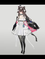 1girl absurdres animal_ears bare_shoulders black_jacket boots breasts brown_hair choker cleavage earrings full_body grey_background hair_between_eyes halo highres iggy.m jacket jacket_on_shoulders jewelry letterboxed long_hair long_sleeves original pantyhose red_eyes sample_watermark solo standing thigh_boots thighhighs very_long_hair watermark