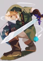 1boy blonde_hair boots brown_boots brown_gloves earrings fighting_stance fingerless_gloves full_body gloves grass green_eyes green_hat green_tunic grey_background grey_pants hat highres holding holding_shield holding_sword holding_weapon hylian_shield jewelry link looking_at_viewer navi nintendo pants parted_bangs parted_lips pisu_1107 pointy_ears shield short_hair short_sleeves shoulder_belt solo sword the_legend_of_zelda the_legend_of_zelda:_ocarina_of_time tunic weapon