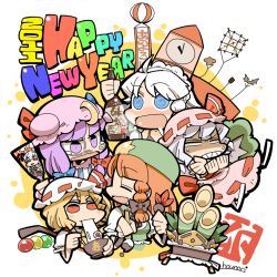 10s 2011 5girls @_@ blonde_hair bottle calligraphy_brush clock clock_tower drawing_on_another&#039;s_face drunk female_focus flandre_scarlet hat hong_meiling hounori izayoi_sakuya kadomatsu kite multiple_girls new_year paintbrush patchouli_knowledge purple_hair red_eyes red_hair reisen_udongein_inaba remilia_scarlet scarlet_devil_mansion touhou tower white_hair wings