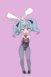 Rule 34 | 1girl, animal ears, arms behind back, black footwear, black leotard, black pantyhose, blue eyes, blush, bow, breasts, closed mouth, clothing cutout, covered navel, detached collar, fake animal ears, female focus, hair ornament, hatsune miku, heart, heart-shaped pupils, heart cutout, heart hair ornament, high heels, leotard, looking at viewer, medium hair, pantyhose, playboy bunny, purple background, qtkat, rabbit ears, rabbit hair ornament, rabbit hole (vocaloid), red bow, simple background, small breasts, smile, solo, straight-on, symbol-shaped pupils, thighs, tongue, tongue out, twintails, vocaloid, x hair ornament