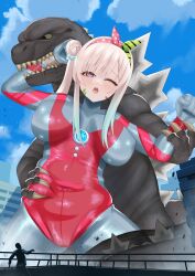 1girl absurdres airani_iofifteen bardanv3 blonde_hair bodysuit breasts building cloud cosplay covered_navel deep_skin fighting giant giantess godzilla grabbing_another&#039;s_stomach highres hololive hololive_indonesia kaiju large_breasts long_hair outdoors paint_splatter paint_splatter_on_face purple_eyes seijin side_ponytail silver_bodysuit skin_tight standing toho tsuburaya_productions ultra_series ultraman ultraman_(cosplay) virtual_youtuber