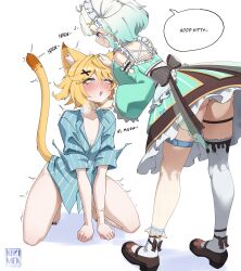 Rule 34 | 2girls, absurdres, ahegao, all fours, animal ears, apron, aqua dress, aqua hair, aqua sleeves, ass, asymmetrical legwear, backless dress, backless outfit, black bow, black garter straps, blonde hair, blue eyes, blue shirt, bobby socks, bow, brown shoes, brown skirt, cat ears, cat girl, cat tail, commentary, detached sleeves, dokibird (bounty hunter), dokibird, dress, drooling, english commentary, eye contact, frilled dress, frilled thighhighs, frills, full body, garter straps, gradient hair, hair ornament, hairclip, hakimen, hand on another&#039;s head, headpat, highres, indie virtual youtuber, kneeling, large bow, leaning forward, looking at another, maid, maid headdress, mary janes, miniskirt, mint fantome, mint fantome (minto 2.0), mouth drool, multicolored hair, multiple girls, no pants, panties, pantyshot, pinstripe pattern, pinstripe shirt, pointy ears, rolling eyes, shirt, shoes, short hair, single thighhigh, skirt, skirt under dress, sleeveless, sleeveless dress, socks, striped clothes, striped dress, tail, thigh strap, thighhighs, twitching, two side up, underwear, uneven legwear, upskirt, vertical-striped clothes, vertical-striped dress, virtual youtuber, waist apron, wavy hair, white apron, white hair, white panties, white socks, white thighhighs, x hair ornament, yuri