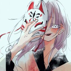 1girl fox_mask grey_eyes grey_hair gurillachan hair_between_eyes highres holding holding_mask long_hair looking_at_viewer mask original slit_pupils solo
