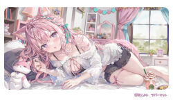 1girl :d alternate_costume animal_ear_fluff animal_ears antenna_hair bare_legs bare_shoulders bedroom black_bra black_shorts blush border bra braid braided_bun breasts cleavage collarbone comiket_102 crown_braid curtains fang food frilled_shorts frills hair_bun hair_spread_out hakui_koyori hololive indoors kokoro_(hakui_koyori) leg_ribbon long_hair long_sleeves looking_at_viewer lying momoko_(momopoco) off_shoulder on_bed on_side open_mouth pillow pink_hair pink_nails purple_eyes ribbon shirt shorts smile solo tail thigh_ribbon translation_request underwear variant_set very_long_hair virtual_youtuber white_border white_shirt window