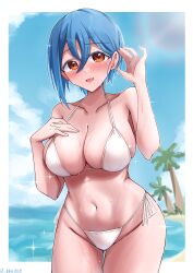 1girl absurdres artist_name beach bikini blue_hair blush border breasts cleavage collarbone commentary_request furrowed_brow groin hair_between_eyes highres large_breasts looking_at_viewer love_live! love_live!_superstar!! navel open_mouth orange_eyes outdoors outside_border rikka006 short_hair single_sidelock solo sparkle standing stomach string_bikini swimsuit tucking_hair upper_body wakana_shiki water wet white_bikini white_border