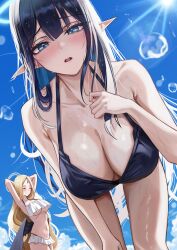 2girls alternate_costume arms_up ayumu_(blue_archive) bikini black_bikini black_hair blonde_hair blue_archive blue_eyes blue_hair blue_sky blush breasts cleavage closed_eyes cloud cloudy_sky collarbone commentary day elf forehead_jewel frilled_bikini frills highres large_breasts leaning_forward long_hair looking_at_viewer multiple_girls nicky_w open_mouth pointy_ears rin_(blue_archive) sky solo_focus swimsuit teeth thighs underboob upper_teeth_only very_long_hair wet white_bikini