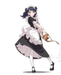 1girl :o alternate_costume apron black_dress black_shoes blue_hair blush double_bun dress enmaided floating_clothes floating_hair frilled_apron frills fukumaru_koito full_body hair_bun highres holding holding_watering_can idolmaster idolmaster_shiny_colors jtangc long_hair looking_at_viewer looking_to_the_side maid maid_apron maid_headdress mary_janes open_mouth pantyhose petticoat pouring puffy_short_sleeves puffy_sleeves purple_eyes shoes short_sleeves simple_background solo standing standing_on_one_leg swept_bangs turning_head watering_can white_apron white_background white_pantyhose white_wrist_cuffs wrist_cuffs