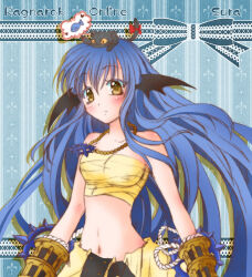 1girl animal animal_on_head bat_wings black_cat black_wings blue_background blue_hair blush breasts cat cat_on_head chest_sarashi cleavage closed_mouth commentary_request cross cross_necklace cross_of_prontera expressionless gauntlets head_wings jewelry kamui_setsuna long_hair looking_at_viewer medium_breasts midriff navel necklace on_head ragnarok_online sarashi solo sura_(ragnarok_online) upper_body very_long_hair wings yellow_eyes