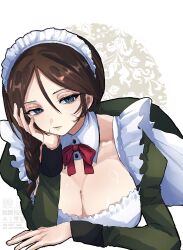 1girl alternate_costume apron blue_eyes bow bowtie braid breasts brown_hair cleavage collar commentary_request detached_collar dress eikfc8 enmaided girls_und_panzer green_dress hair_between_eyes highres large_breasts looking_at_viewer lying maid maid_headdress nonna_(girls_und_panzer) parted_lips red_bow red_bowtie solo watermark white_apron white_collar white_headdress yellow_background