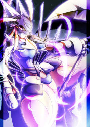 1girl crescemon digimon digimon_(creature) female_focus gloves helmet highres mask pikkar pink_eyes scythe solo sparkle