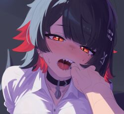 1girl 1other absurdres black_hair blush breasts choker collared_shirt colored_inner_hair daniel_deves ellen_joe ellen_joe_(on_campus) finger_in_another&#039;s_mouth fins fish_tail highres large_breasts looking_at_viewer multicolored_hair open_mouth red_eyes red_hair shark_girl shark_tail sharp_teeth shirt short_hair tail teeth white_shirt zenless_zone_zero