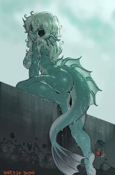 1girl absurdres breasts colored_skin crab fins fish_girl fish_tail green_eyes green_hair hair_over_breasts head_fins highres long_hair looking_at_viewer monster_girl open_mouth original sanjiro_(tenshin_anman) scales sharp_teeth solo tail teeth wide-eyed