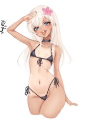 1girl bikini black_bikini blonde_hair blue_eyes breasts cowboy_shot flower front-tie_bikini_top front-tie_top hair_flower hair_ornament highleg highleg_bikini highres kantai_collection lilshigu long_hair one-hour_drawing_challenge one-piece_tan open_mouth ro-500_(kancolle) salute side-tie_bikini_bottom simple_background small_breasts smile solo swimsuit tan tanline teeth upper_teeth_only white_background