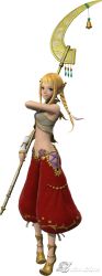 00s 1girl 3d absurdres barefoot bell blonde_hair blue_eyes braid feathers feet female_focus final_fantasy final_fantasy_xii final_fantasy_xii_revenant_wings highres long_image midriff penelo simple_background solo staff standing tall_image twin_braids weapon white_background