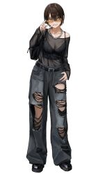 1girl absurdres adjusting_eyewear belt black_shirt black_shoes brown_hair chain chain_necklace earrings full_body grey_pants highres jewelry necklace off_shoulder orange-tinted_eyewear original pants see-through_cleavage see-through_clothes see-through_shirt shirt shoes short_hair simple_background sports_bra suru_(seiya) tinted_eyewear torn_clothes torn_pants white_background yellow_eyes
