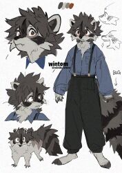 1boy black_hair black_pants blue_shirt body_fur color_guide commentary furry furry_male grey_fur male_focus multiple_views original pants raccoon_boy shirt short_hair suspenders symbol-only_commentary tail whiskers white_background wintom