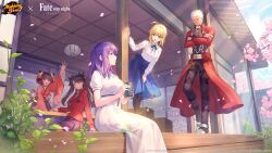 1boy 4girls absurdres ahoge archer_(fate) artist_request artoria_pendragon_(fate) blonde_hair blue_skirt blue_sky bush ceiling cherry_blossoms choko_(cup) coat copyright_logo crossover cup day dress fate/stay_night fate_(series) from_below highres ichihime leaning_on_object long_hair looking_at_another mahjong mahjong_soul matou_sakura meme_attire multiple_girls official_art porch purple_hair red_coat saber_(fate) sitting skirt sky sunlight tohsaka_rin twintails virgin_killer_outfit white_dress white_hair