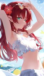 1girl :p arknights armpits arms_up bikini blue_sky boat brown-tinted_eyewear bug butterfly cloud earrings eyewear_on_head flat_chest flower frilled_bikini frills green_eyes gyaru hair_flower hair_ornament heart heart-shaped_eyewear heart_earrings highres insect jewelry long_hair looking_at_viewer myrtle_(arknights) myrtle_(summer_flowers)_(arknights) navel official_alternate_costume orange-framed_eyewear pointy_ears ponytail re0n red_hair sky solo stomach sunglasses sweat swimsuit tinted_eyewear tongue tongue_out watercraft white_bikini