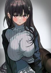 1girl :o black_hair blue_archive blush breasts brown_pantyhose gradient_background grey_background hair_ornament hairclip highres large_breasts long_hair looking_at_viewer pantyhose ribbed_sweater rio_(blue_archive) saya_(mychristian2) sitting solo sweater turtleneck turtleneck_sweater white_sweater