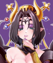 Rule 34 | artist request, bare shoulders, black hair, digimon, digimon (creature), fingernails, hair ornament, highres, horns, lilithmon, lipstick, long fingernails, looking at viewer, makeup, medium hair, nail polish, pointy ears, seven great demon lords, simple background, tagme