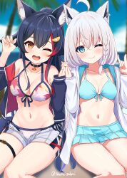 Rule 34 | 2girls, ahoge, animal ear fluff, animal ear piercing, animal ears, aqua bikini, aqua eyes, bikini, bikini skirt, bikini under clothes, bikini under shorts, black hair, blue bikini, blush, braid, breasts, claw pose, cleavage, closed mouth, collarbone, fox ears, fox girl, hair between eyes, highres, holding, holding hands, hololive, jacket, large breasts, leaf print, long hair, medium breasts, multicolored hair, multiple girls, navel, official alternate costume, official alternate hairstyle, one eye closed, ookami mio, ookami mio (hololive summer 2019), orange eyes, pleated skirt, ponytail, red hair, shirakami fubuki, shirakami fubuki (hololive summer 2019), sitting, skirt, smile, stomach, swimsuit, thigh strap, toketa-sekai, virtual youtuber, white bikini, white hair, white jacket, wolf ears, wolf girl