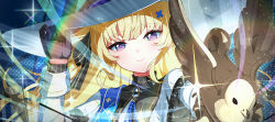 1girl absurdres bird black_gloves blonde_hair commentary_request gloves hat highres long_hair long_sleeves looking_at_viewer phoebe_(wuthering_waves) purple_eyes rindou_ringdong smile solo upper_body white_hat wuthering_waves
