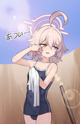 1girl absurdres abydos_high_school_swimsuit ahoge arm_up armpit_crease armpits bare_arms black_one-piece_swimsuit blue_archive blue_eyes blue_sky collarbone commentary_request covered_navel cowboy_shot day fang halo heterochromia highres hoshino_(blue_archive) hoshino_(first_year)_(blue_archive) hoshino_(young)_(blue_archive) korean_commentary light_blush napkin one-piece_swimsuit open_mouth outdoors pink_hair pink_halo school_swimsuit school_swimsuit_flap short_hair sky solo sweat sweatdrop swimsuit wnsgur6686 yellow_eyes