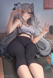 1girl absurdres akaharuu black_leggings breasts cleavage collarbone cone_hair_bun double_bun earrings grey_eyes hair_bun hair_ornament highres holding holding_phone hololive hololive_indonesia jewelry leggings long_hair phone solo sports_bra sweat twitter_username v vestia_zeta virtual_youtuber white_sports_bra yoga_mat