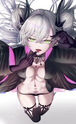 1girl black_cloak black_hands black_panties black_thighhighs body_markings breasts choker cloak collarbone colored_extremities crossed_bangs demon_girl demon_horns demon_wings ear_piercing fate/grand_order fate_(series) green_eyes grey_hair hair_between_eyes highres horns lilith_(fate) lilith_(second_ascension)_(fate) long_hair looking_at_viewer medium_breasts navel open_mouth panties penguintake piercing pointy_ears solo stomach_tattoo tattoo thighhighs thighs tongue tongue_out twintails underwear very_long_hair wings