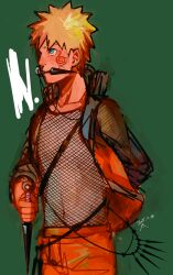 1boy amputee blonde_hair blue_eyes fishnets green_background highres holding holding_kunai holding_weapon jacket kunai naruto_(series) naruto_shippuuden ninja open_clothes open_jacket reverse_grip short_hair solo spiked_hair uzumaki_naruto weapon weapon_in_mouth zifletts