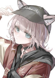 1girl absurdres adjusting_clothes adjusting_headwear animal_ears aqua_eyes arknights arm_up black_choker black_hat choker closed_mouth commentary cross ears_through_headwear greek_cross hat highres horobu official_alternate_costume peaked_cap pink_hair short_hair simple_background sketch solo sussurro_(arknights) sussurro_(travel_freely)_(arknights) twitter_username upper_body watermark white_background