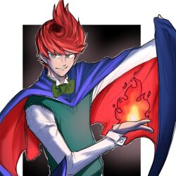 blue_cloak bow bowtie cloak duel_monster fire flaming_hand glaring green_bow green_bowtie red_hair smile yamasu_(tmy-0902) yu-gi-oh!